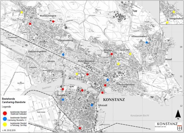 Karte mit verzeichneten CarSharing Standorten in Konstanz