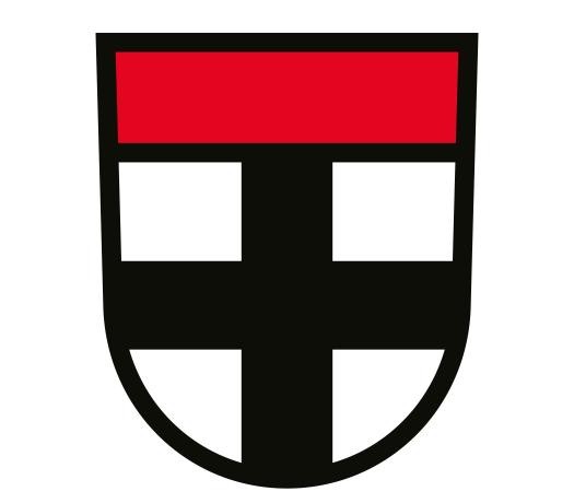 Historisches Wappen der Stadt Konstanz: oben ein roter Querbalken, darunter ein schwarzes Kreuz