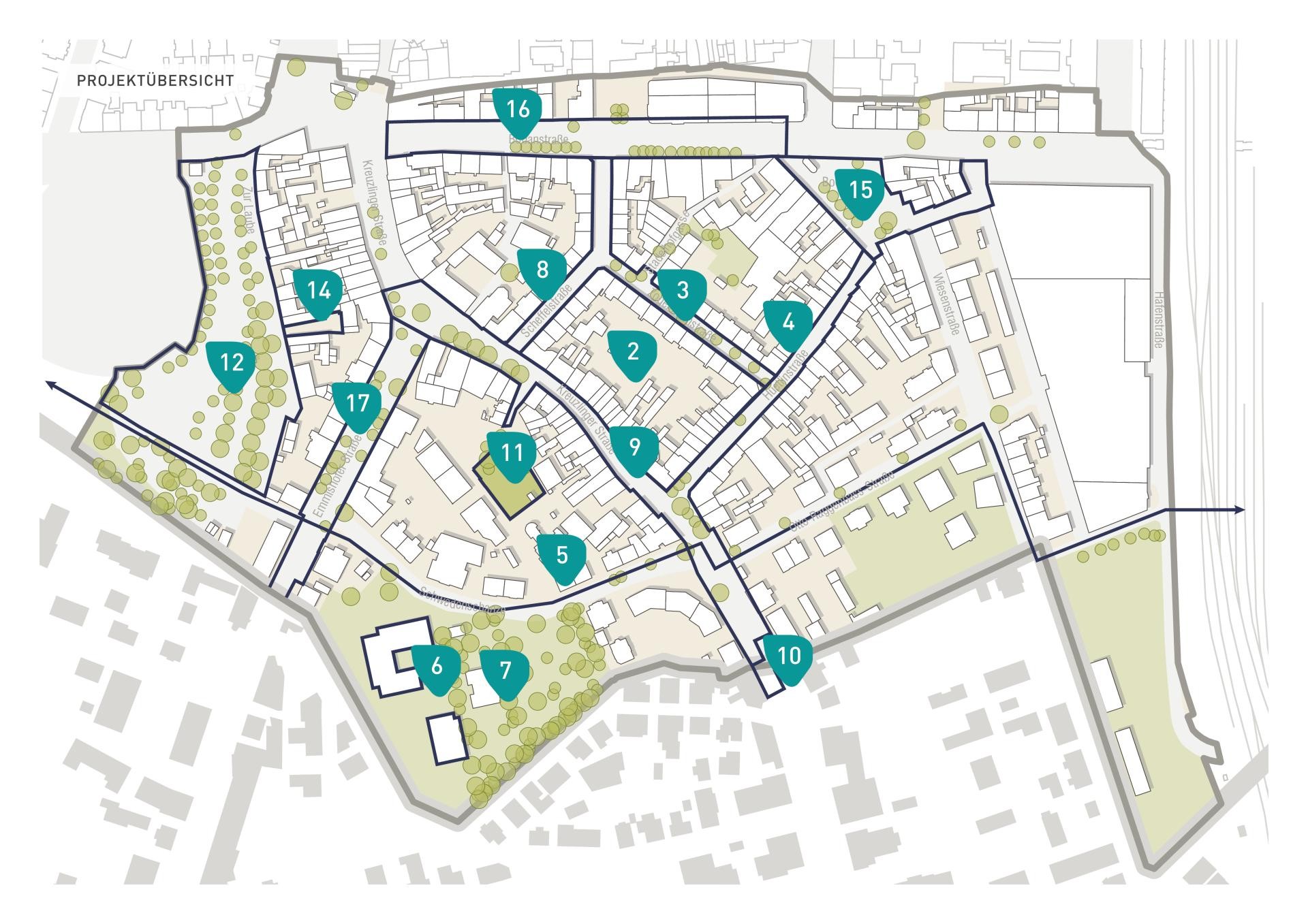 Karte von Stadelhofen mit Nummern für die verschiedenen Maßnahmen im Sanierungsgebiet