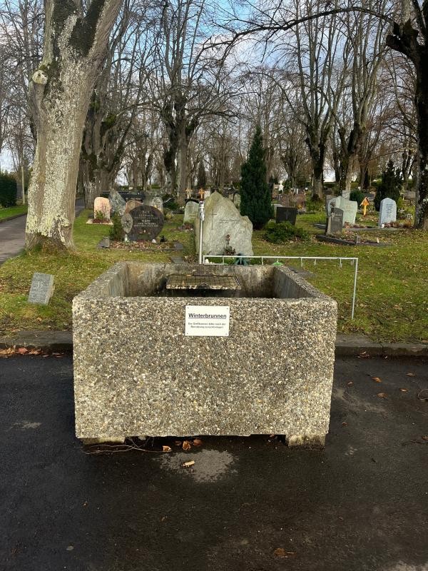 Brunnen mit großen Trog, im Hintergrund Gräber