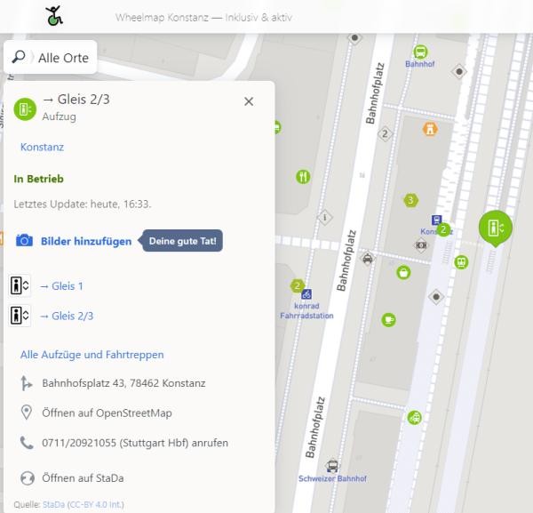 eine Karte vom Bahnhof Konstanz mit Meldung zum Aufzug „In Betrieb“ 