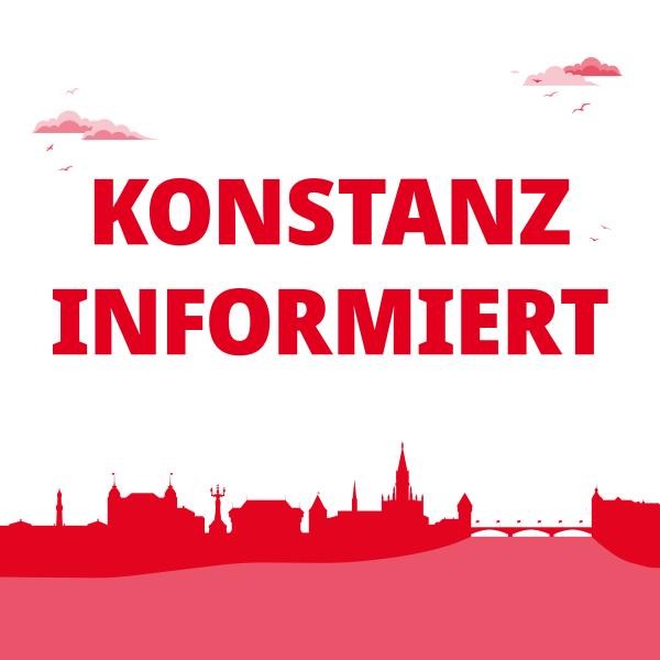Skyline von Konstanz in rot auf weißem Hintergrund zu sehen. Ebenfalls sind rote Wolken im oberen Teil des Bildes zu sehen und in roten Buchstaben steht "Konstanz informiert" geschrieben
