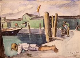 Karl Einhart; Am Konstanzer Hafen liegender Junge; 1928; schwarze Kreide, Aquarell/ Papier; 47 x 63 cm; Rosgartenmuseum Konstanz; Dauerleihgabe der Freunde des Rosgartenmuseums 