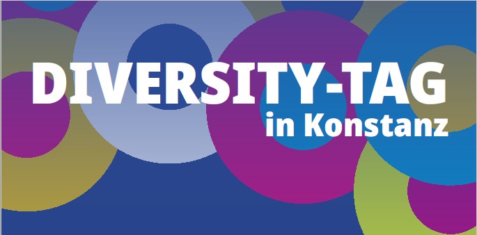 Schriftzug Diversity-Tag in Konstanz auf buntem Hintergrund mit Kreisen