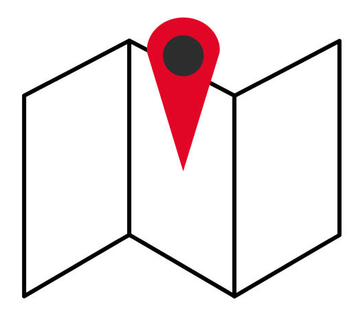 stilisierter Stadtplan mit drei Seiten und roter Markernadel